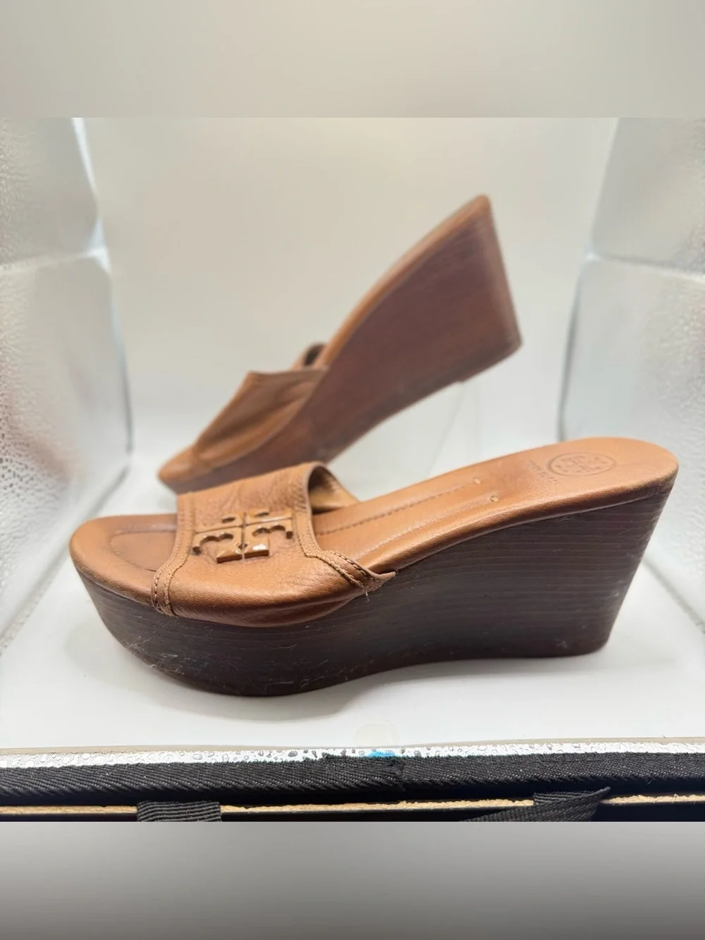 Tory Burch Tan Leather Logo Wedge Slides